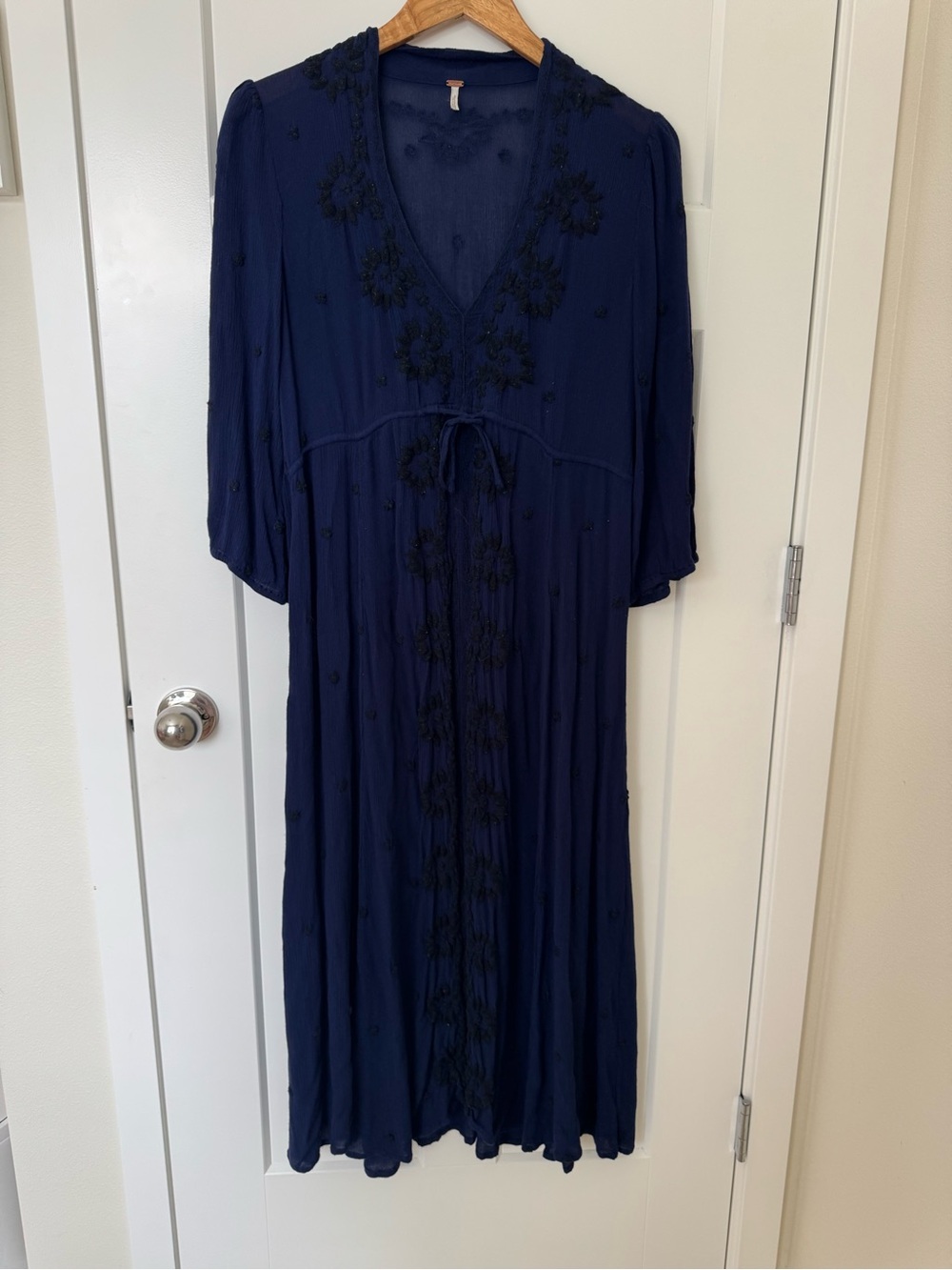 Free People Navy Blue Embroidered Midi Dress